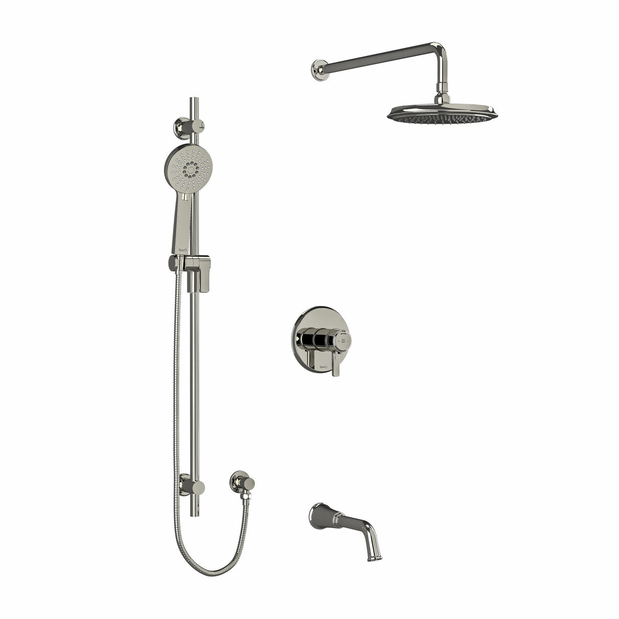 Type T/P (thermostatic/pressure balance) " coaxial 3-way system with hand shower rail, shower head and spout