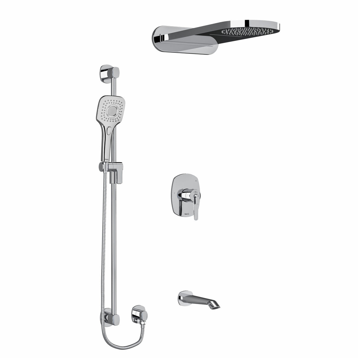 Type T/P (thermostatic/pressure balance) " coaxial 3-way system with hand shower rail and rain and cascade shower head