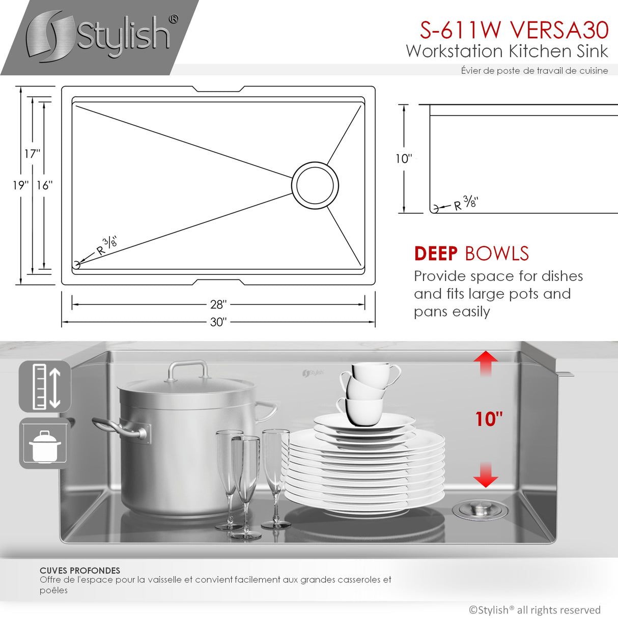 STYLISH 30 inch Workstation Single Bowl Undermount 16 Gauge Stainless Steel Kitchen Sink with Built in Accessories