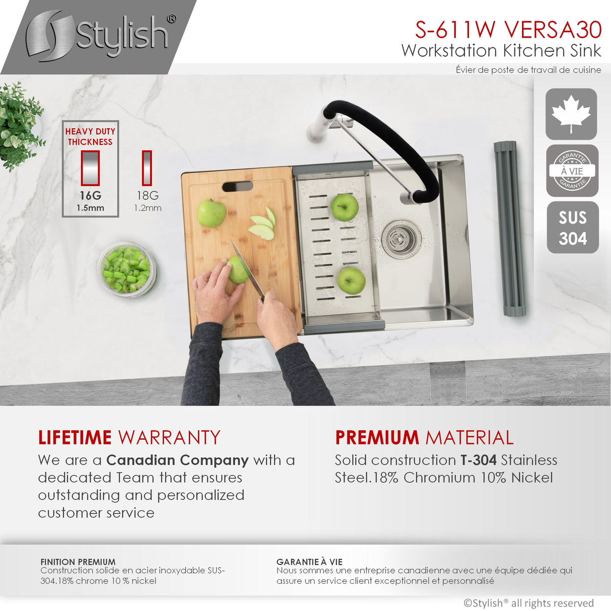 STYLISH 30 inch Workstation Single Bowl Undermount 16 Gauge Stainless Steel Kitchen Sink with Built in Accessories