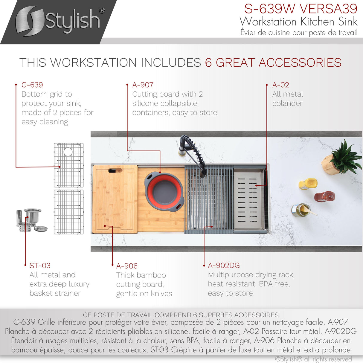 STYLISH 39 inch Ledge Workstation Single Bowl Undermount 16 Gauge Stainless Steel Kitchen Sink with Built in Accessories