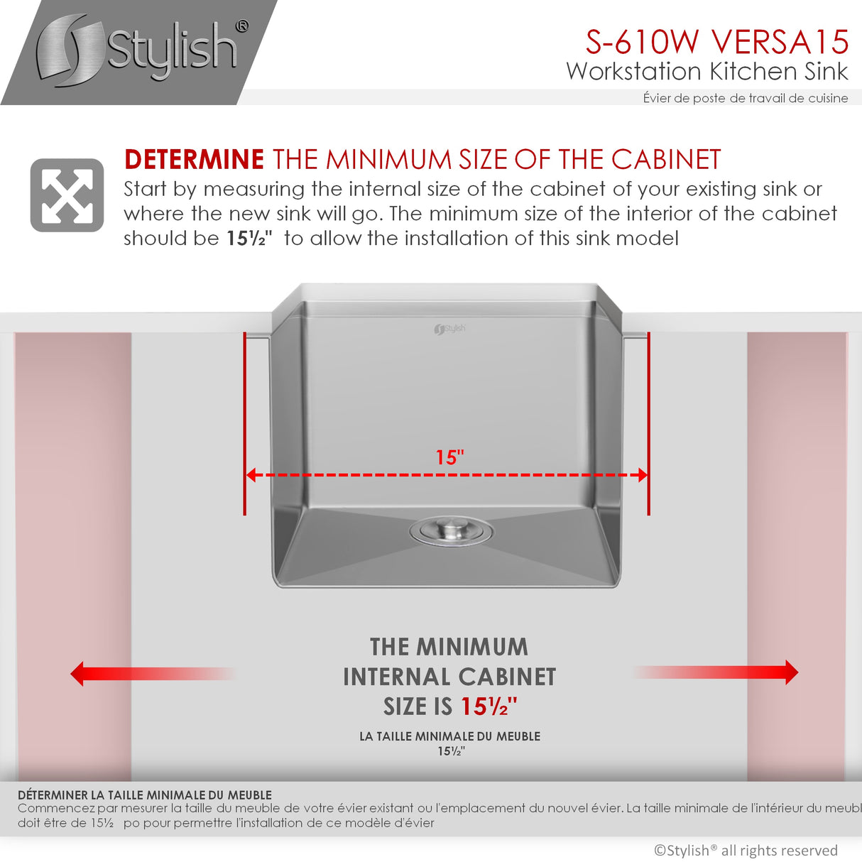 STYLISH 15 inch Workstation Single Bowl Undermount 16 Gauge Stainless Steel Kitchen Sink with Built in Accessories