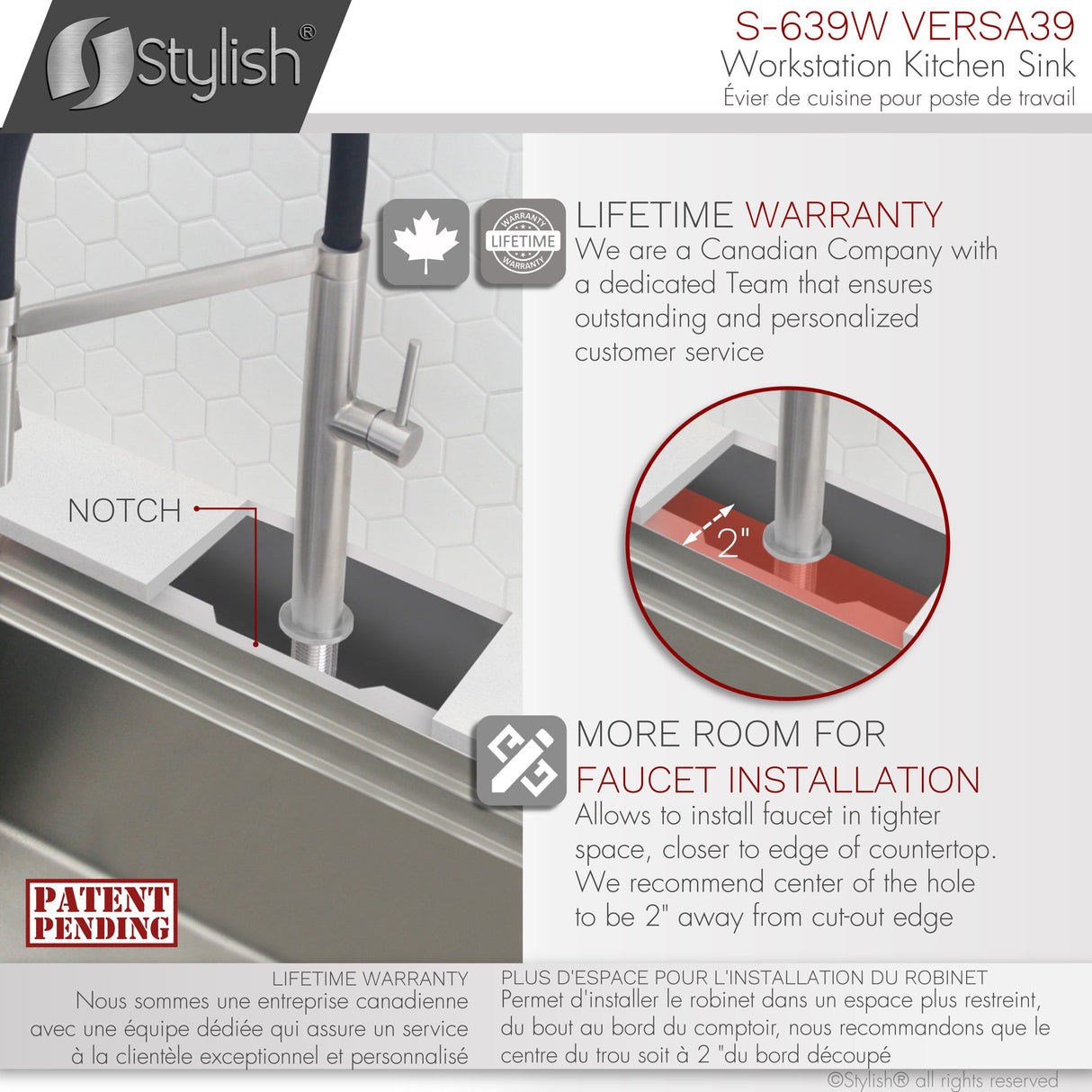 STYLISH 39 inch Ledge Workstation Single Bowl Undermount 16 Gauge Stainless Steel Kitchen Sink with Built in Accessories