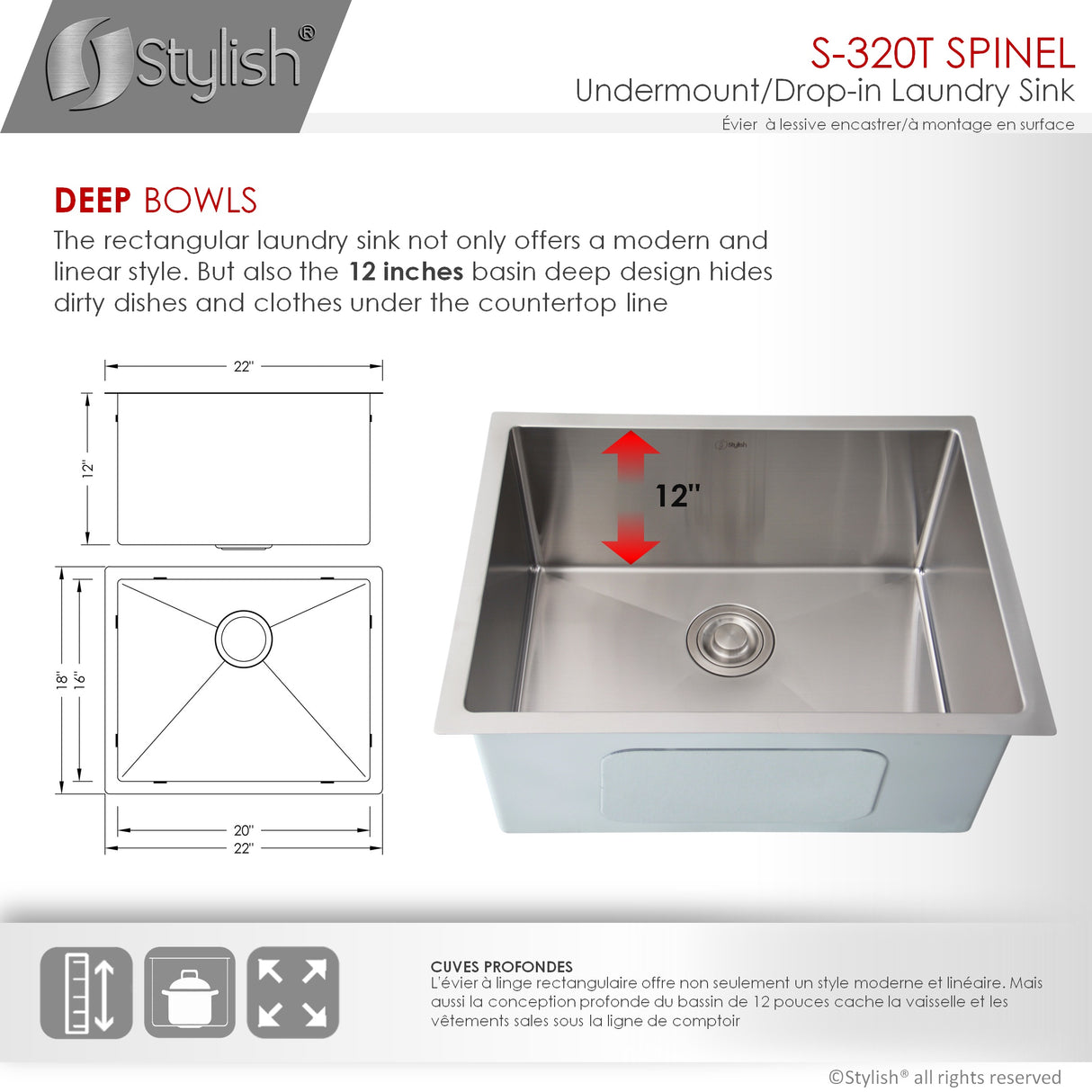 STYLISH 22 x 18 inch Single Bowl Undermount and Drop-in Stainless Steel Laundry Sink
