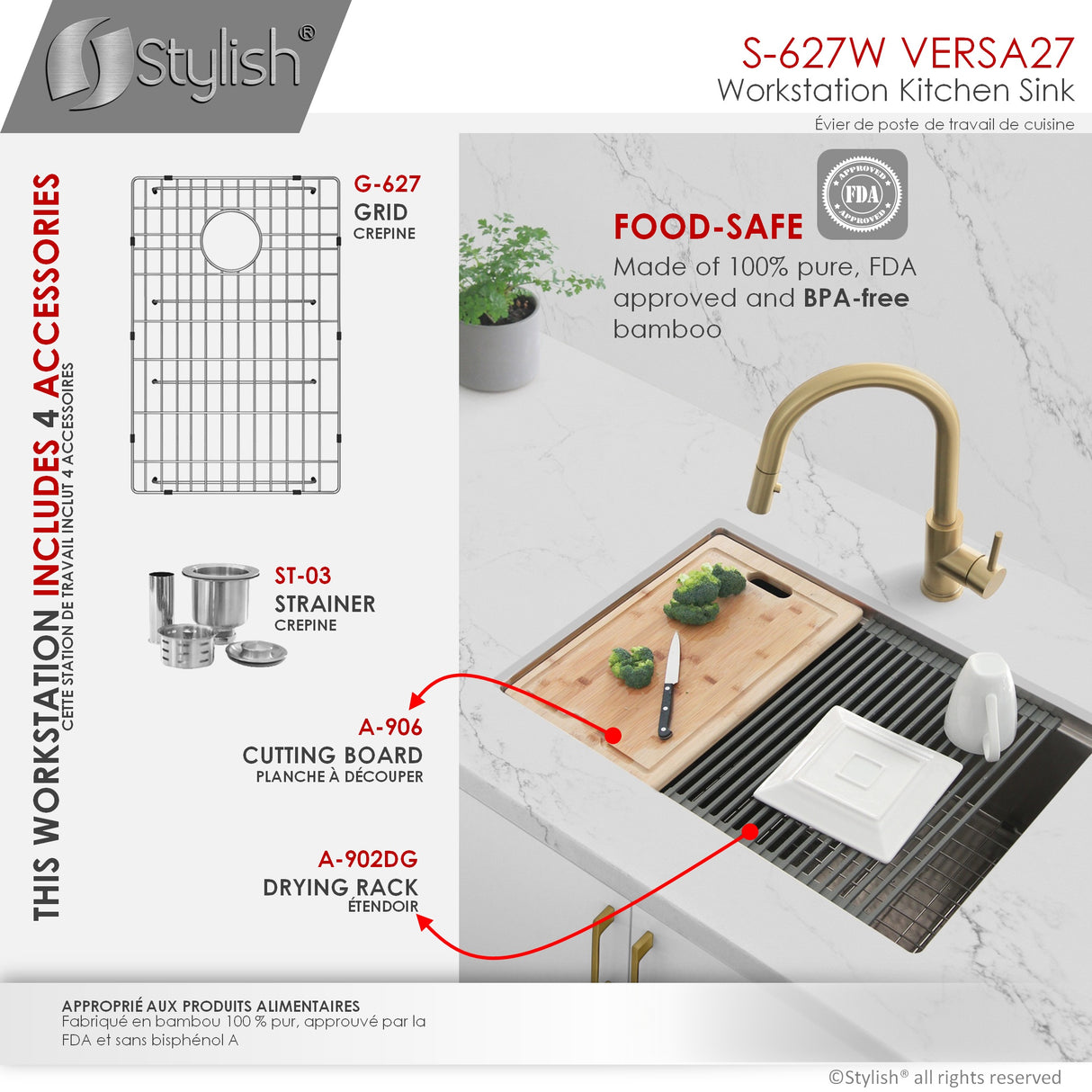 STYLISH 27 inch Workstation Single Bowl Undermount 16 Gauge Stainless Steel Kitchen Sink with Built in Accessories
