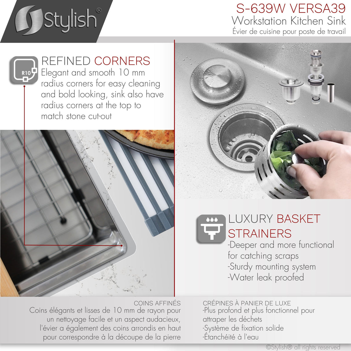 STYLISH 39 inch Ledge Workstation Single Bowl Undermount 16 Gauge Stainless Steel Kitchen Sink with Built in Accessories