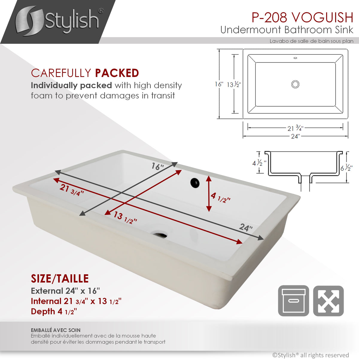 Stylish 24-inch Rectangular Undermount Ceramic Bathroom Sink - image 6