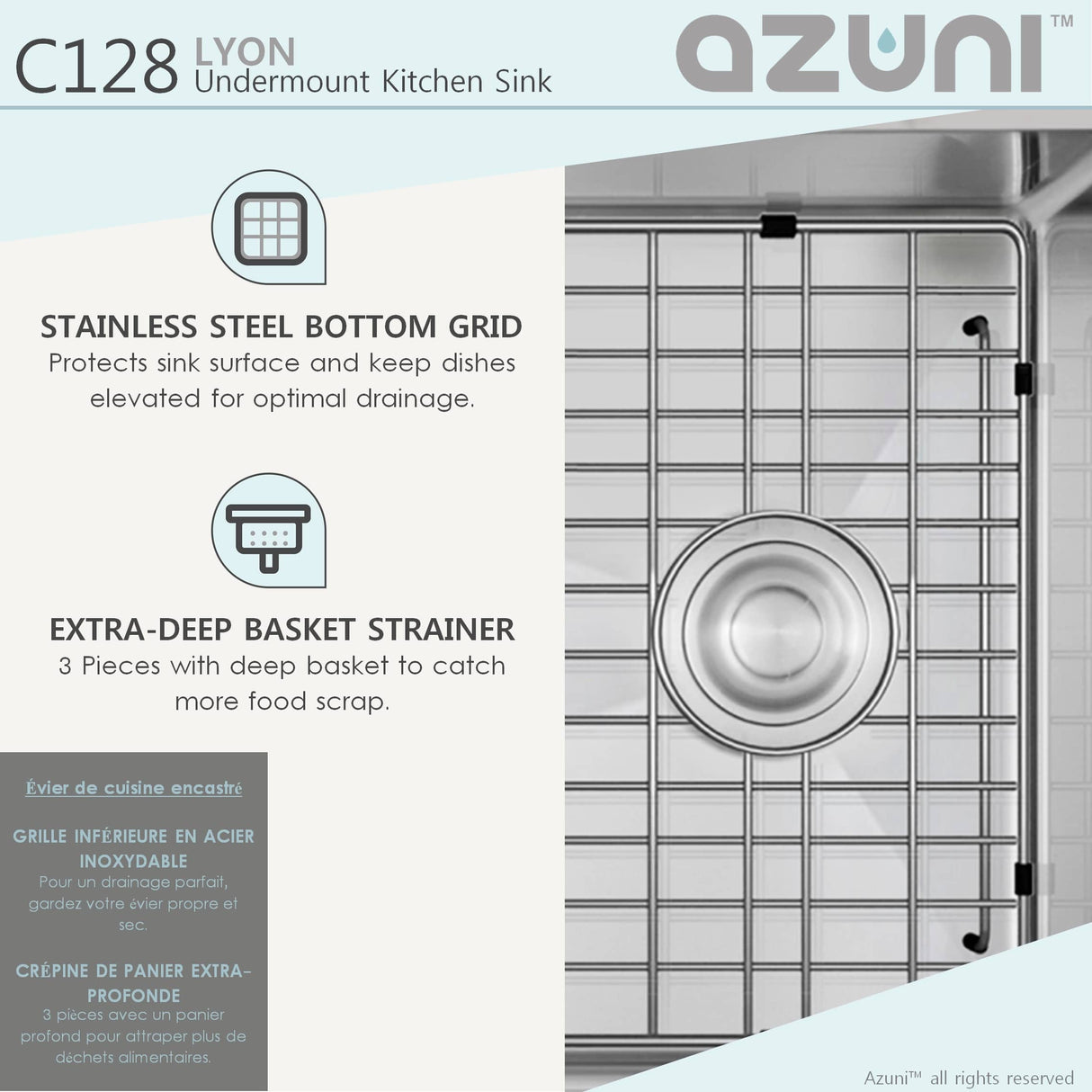 AZUNI 28"L x 18"W Single Bowl Undermount 16G Reversible Kitchen Sink with grid and Basket Strainer