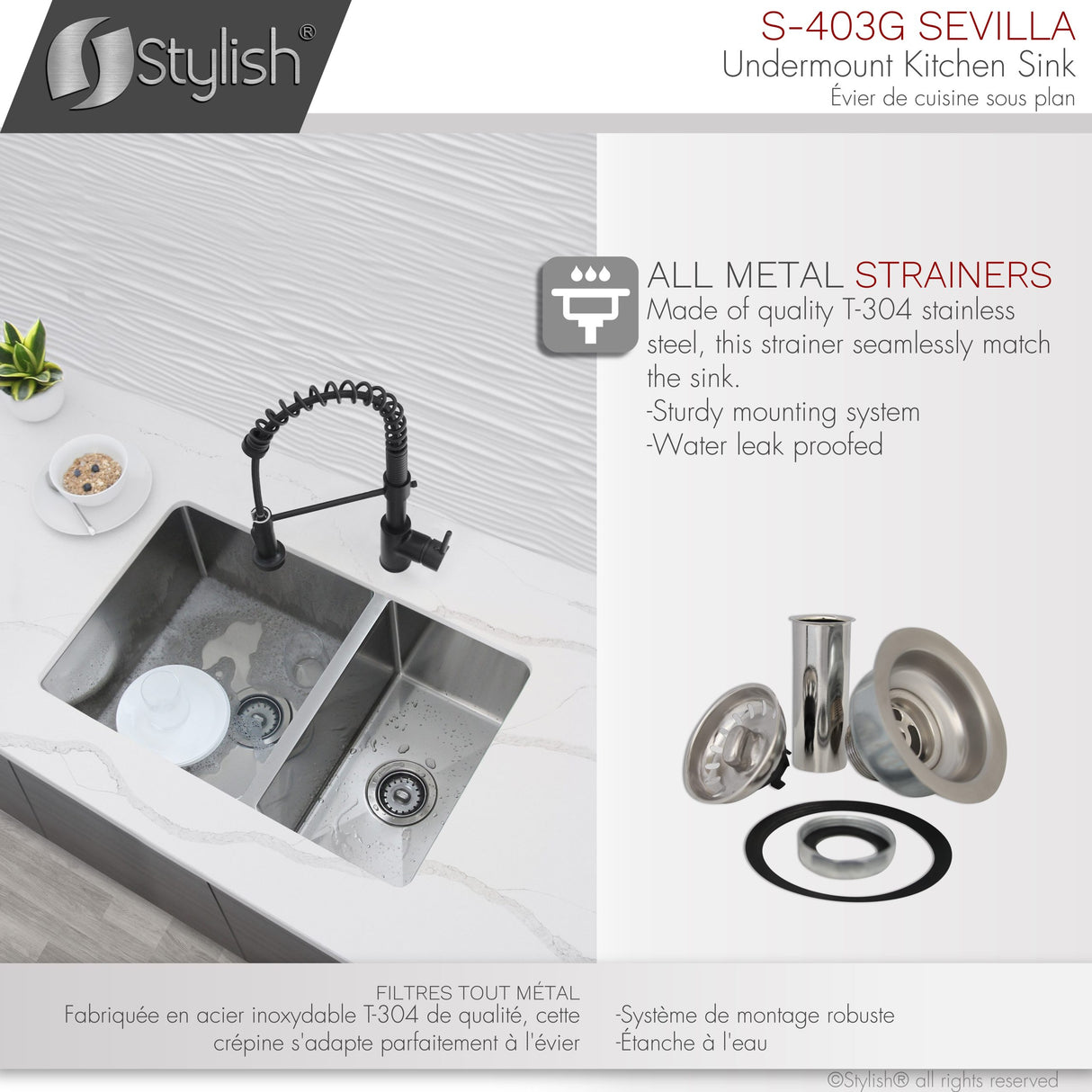 28 in Undermount Double Bowl Kitchen Sink, 18 Gauge Stainless Steel with Grids and Standard Strainers , by Stylish Sevilla
