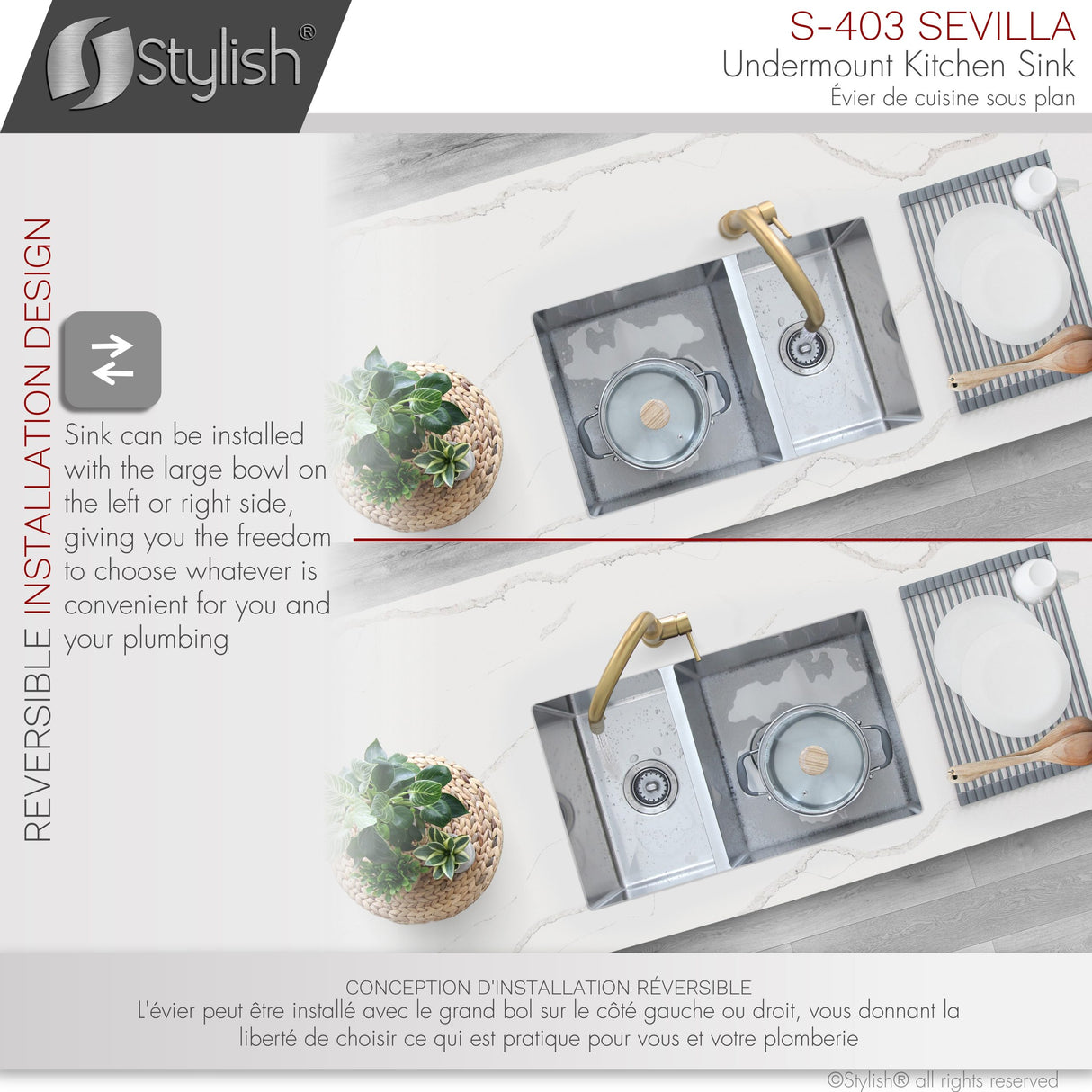 28 in Undermount Double Bowl Kitchen Sink, 18 Gauge Stainless Steel with Standard Strainers, by Stylish Sevilla