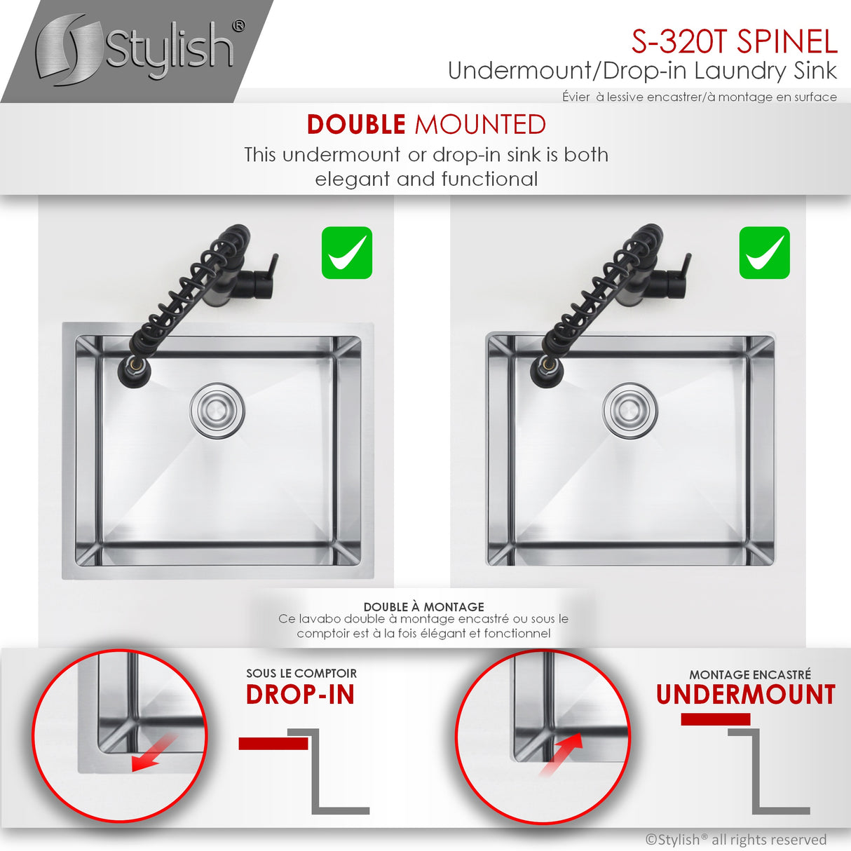 STYLISH 22 x 18 inch Single Bowl Undermount and Drop-in Stainless Steel Laundry Sink