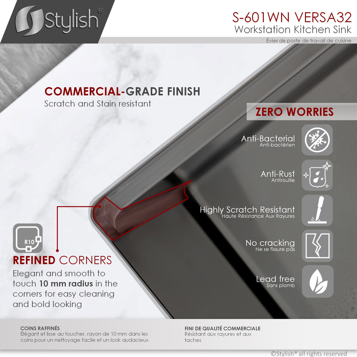 STYLISH 32 inch Workstation Double Bowl Undermount 16 Gauge Stainless Steel Kitchen Sink with Built in Accessories