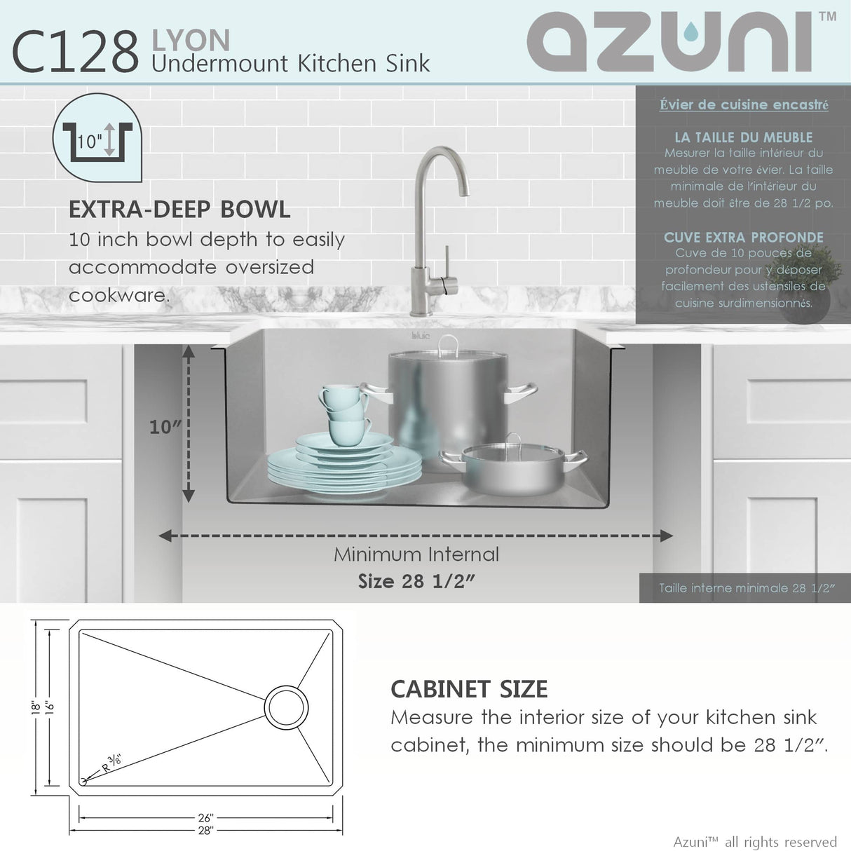AZUNI 28"L x 18"W Single Bowl Undermount 16G Reversible Kitchen Sink with grid and Basket Strainer