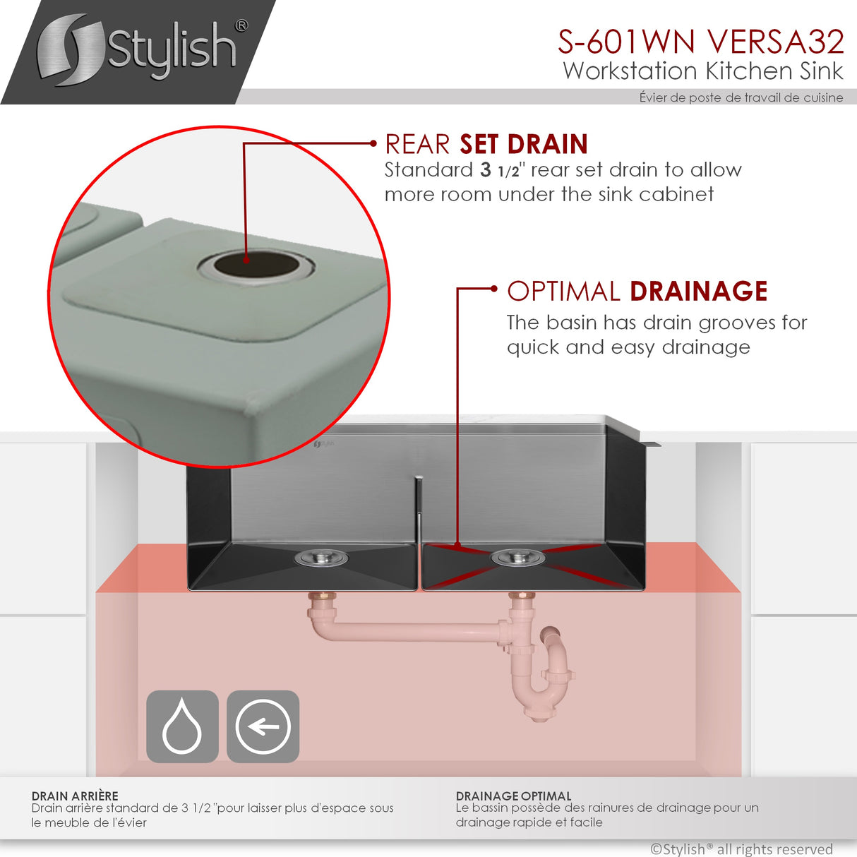STYLISH 32 inch Workstation Double Bowl Undermount 16 Gauge Stainless Steel Kitchen Sink with Built in Accessories