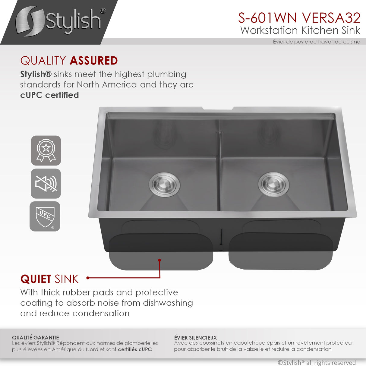 STYLISH 32 inch Workstation Double Bowl Undermount 16 Gauge Stainless Steel Kitchen Sink with Built in Accessories