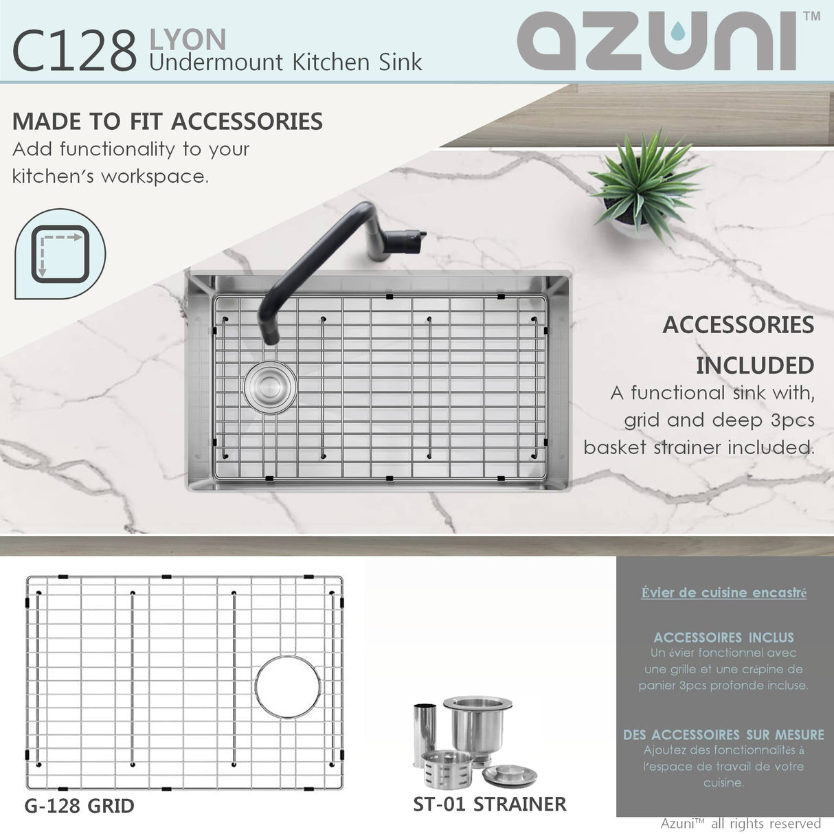 AZUNI 28"L x 18"W Single Bowl Undermount 16G Reversible Kitchen Sink with grid and Basket Strainer
