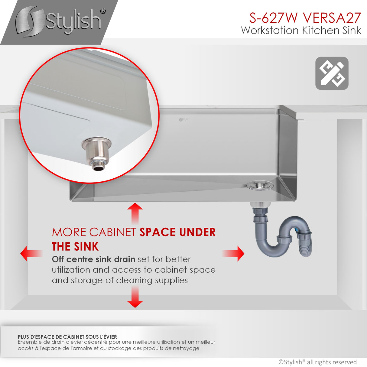 STYLISH 27 inch Workstation Single Bowl Undermount 16 Gauge Stainless Steel Kitchen Sink with Built in Accessories