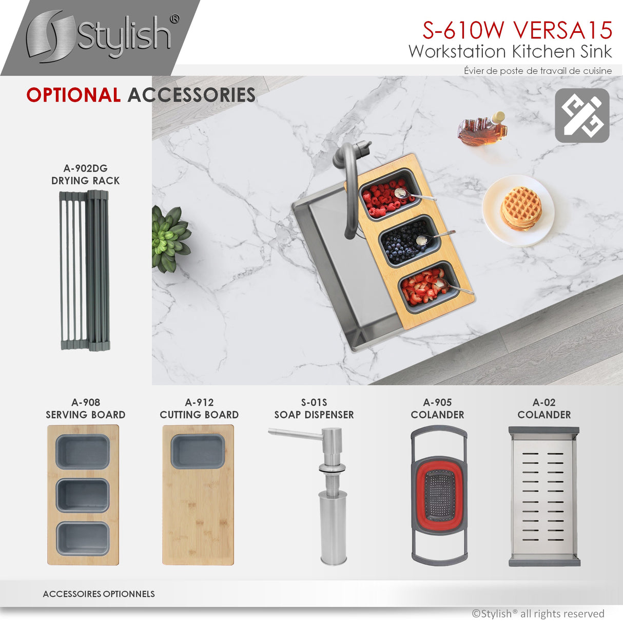 STYLISH 15 inch Workstation Single Bowl Undermount 16 Gauge Stainless Steel Kitchen Sink with Built in Accessories