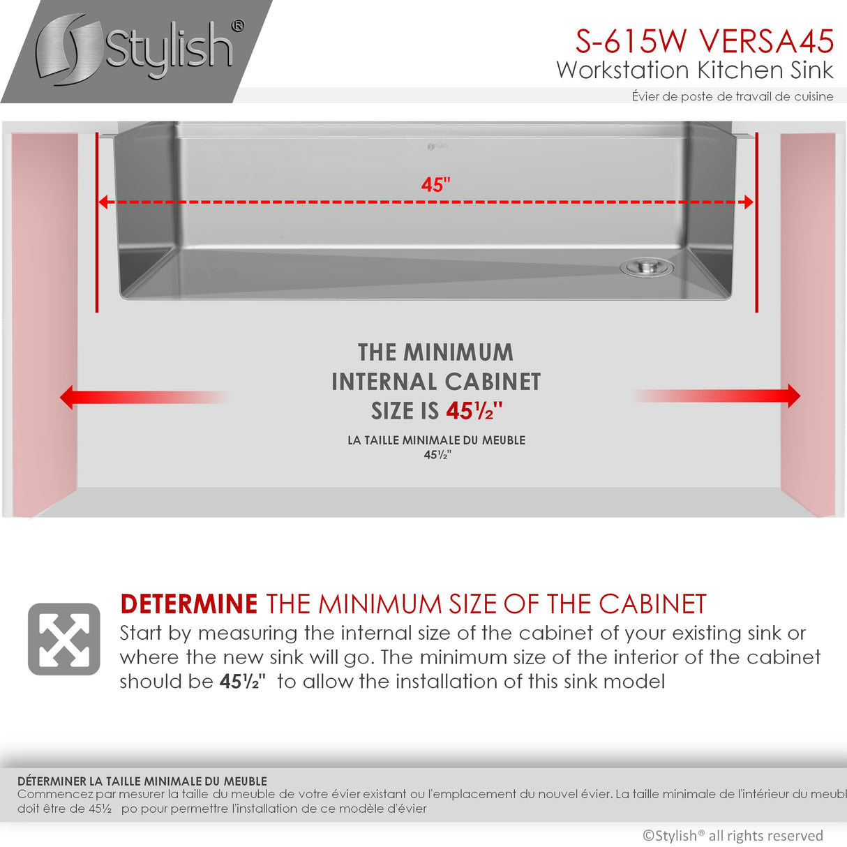 STYLISH 45 inch Ledge Workstation Single Bowl Undermount 16 Gauge Stainless Steel Kitchen Sink with Built in Accessories