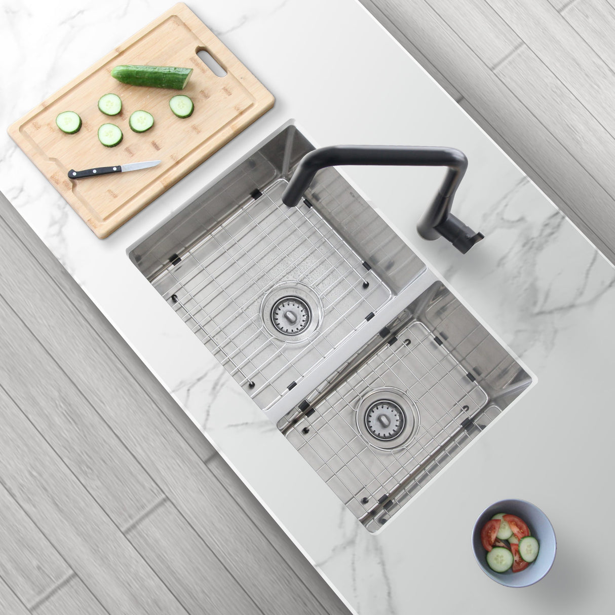 28 in Undermount Double Bowl Kitchen Sink, 18 Gauge Stainless Steel with Grids and Standard Strainers , by Stylish Sevilla