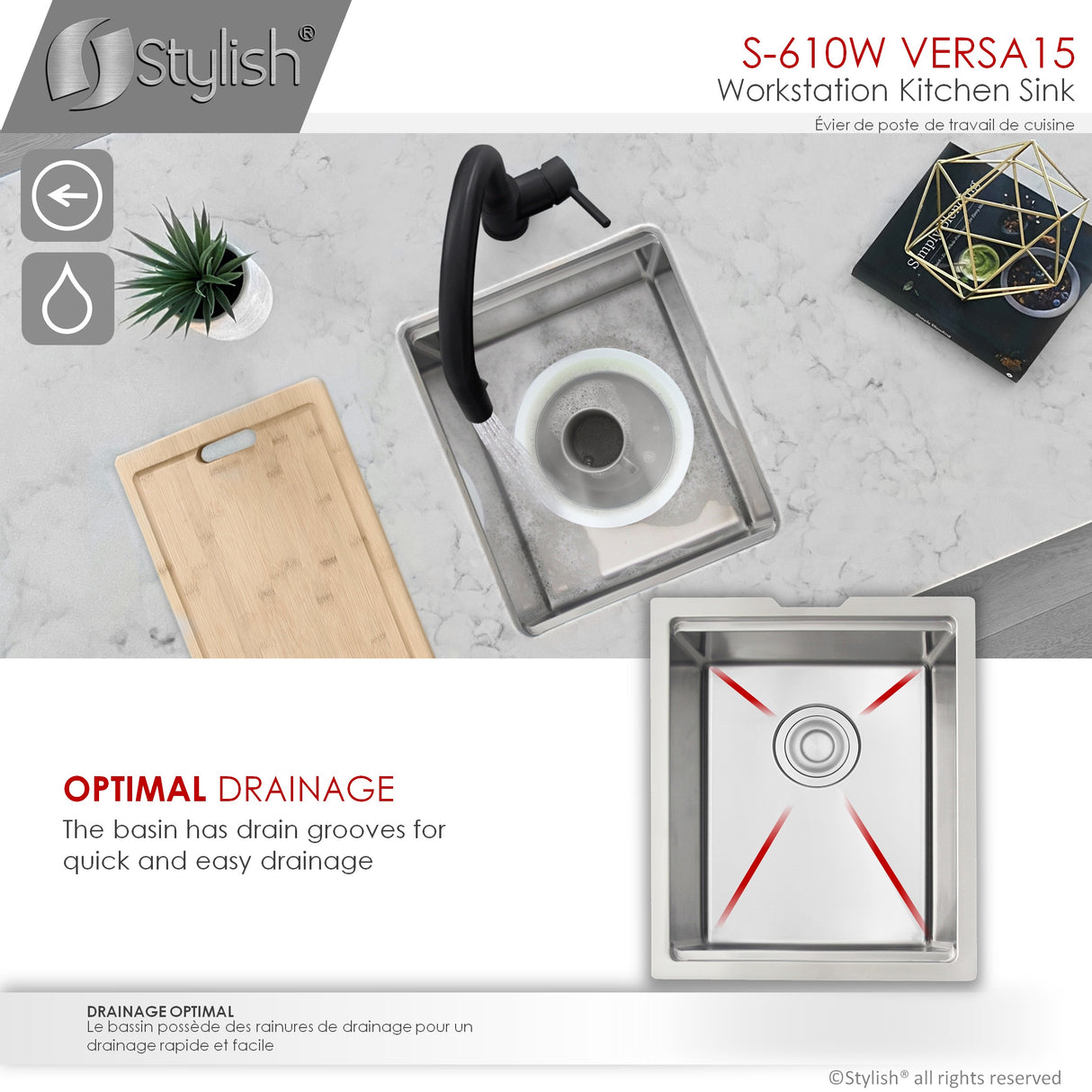 STYLISH 15 inch Workstation Single Bowl Undermount 16 Gauge Stainless Steel Kitchen Sink with Built in Accessories