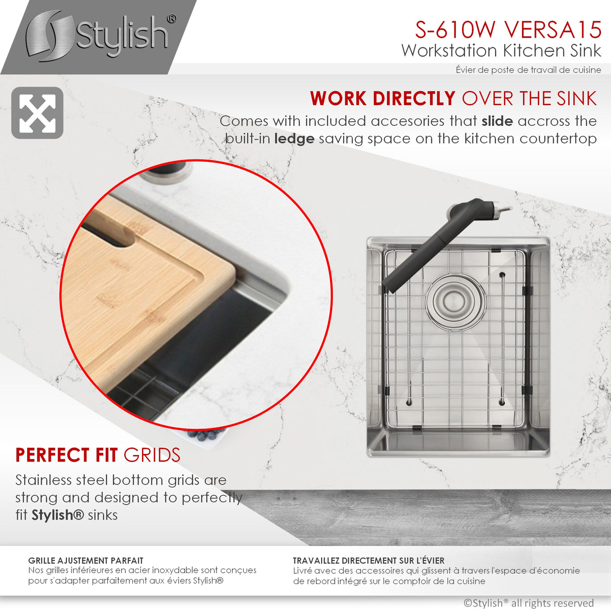 STYLISH 15 inch Workstation Single Bowl Undermount 16 Gauge Stainless Steel Kitchen Sink with Built in Accessories
