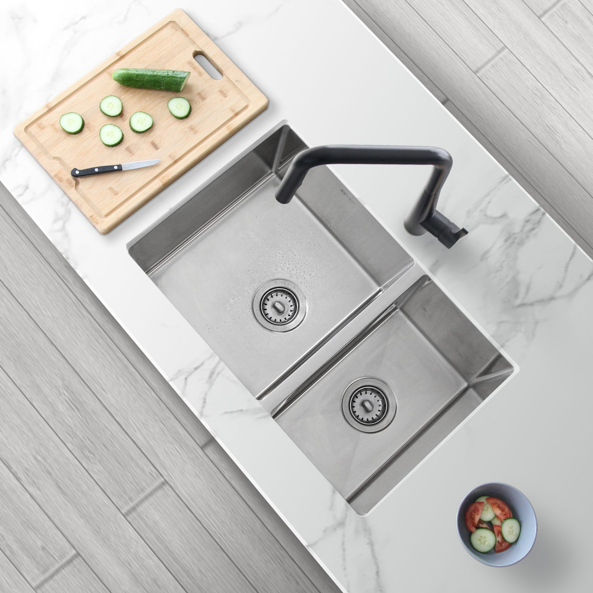28 in Undermount Double Bowl Kitchen Sink, 18 Gauge Stainless Steel with Standard Strainers, by Stylish Sevilla
