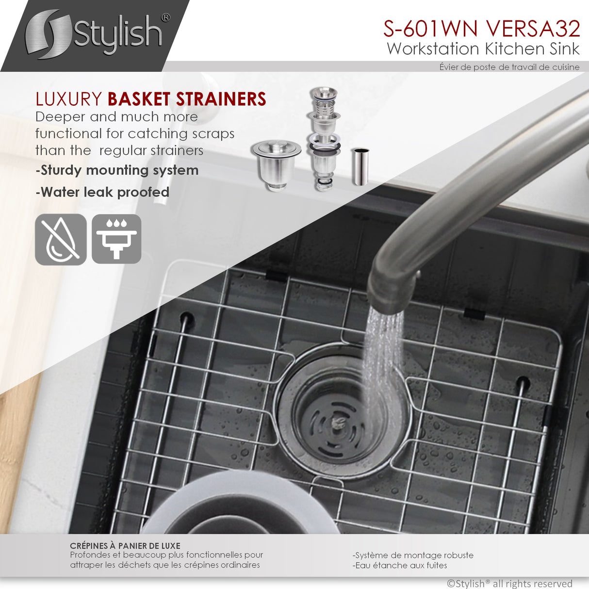 STYLISH 32 inch Workstation Double Bowl Undermount 16 Gauge Stainless Steel Kitchen Sink with Built in Accessories
