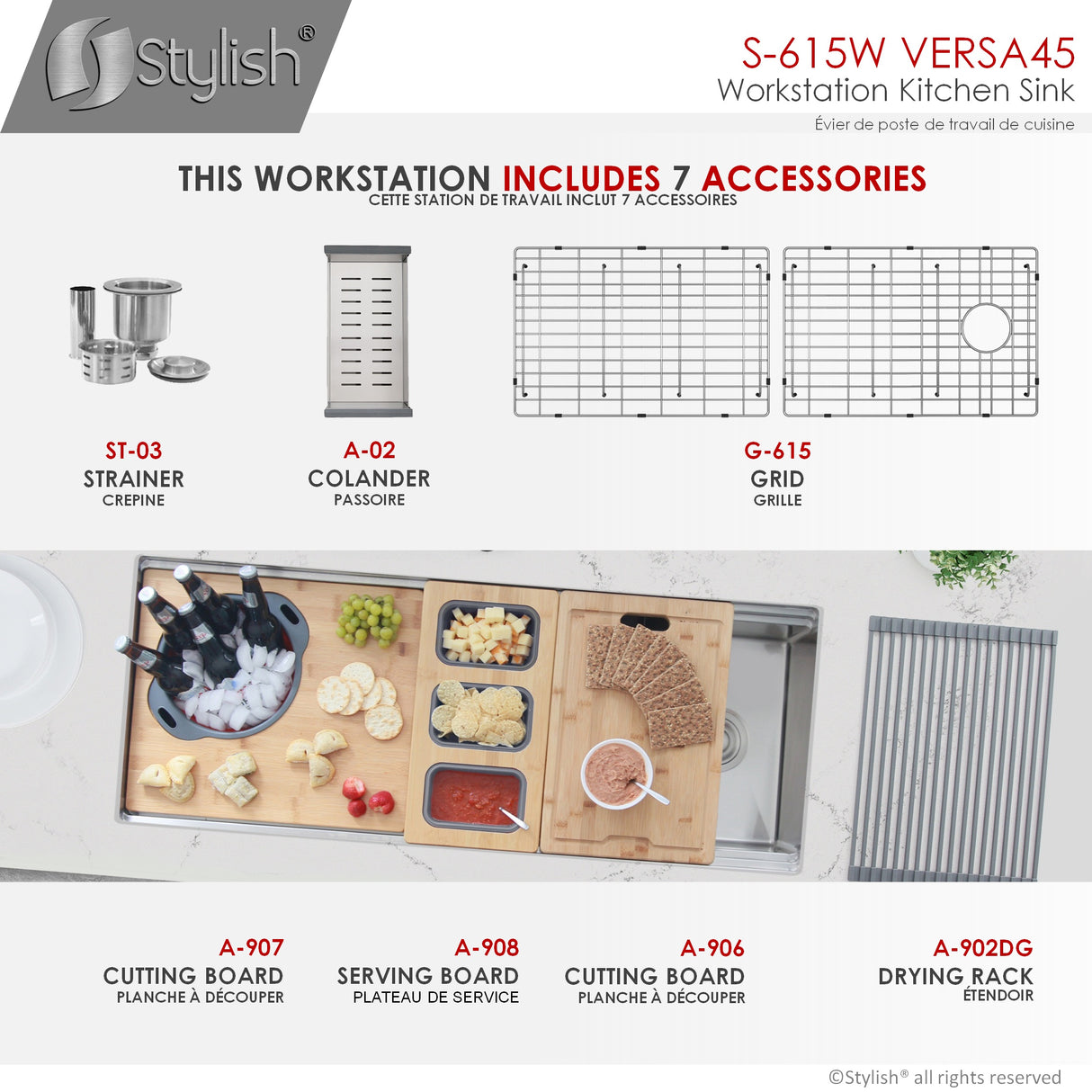 STYLISH 45 inch Ledge Workstation Single Bowl Undermount 16 Gauge Stainless Steel Kitchen Sink with Built in Accessories