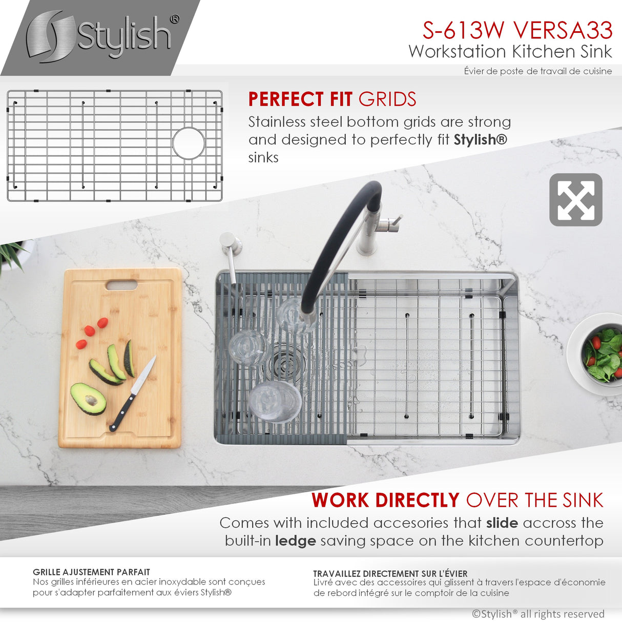 STYLISH 33 inch Workstation Single Bowl Undermount 16 Gauge Stainless Steel Kitchen Sink with Built in Accessories