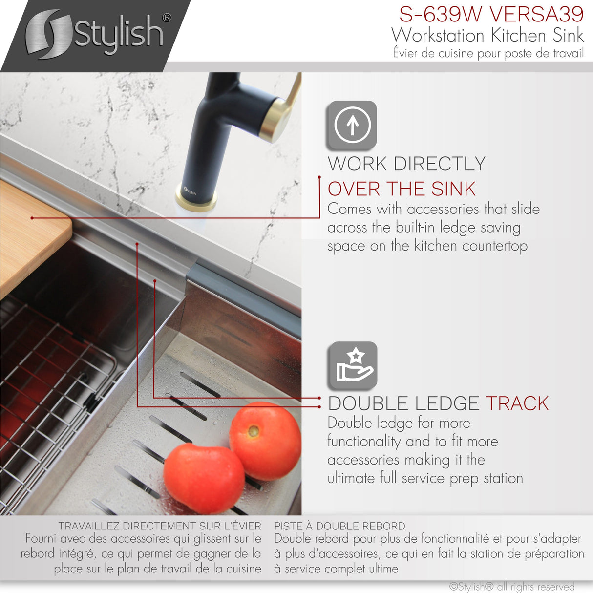 STYLISH 39 inch Ledge Workstation Single Bowl Undermount 16 Gauge Stainless Steel Kitchen Sink with Built in Accessories