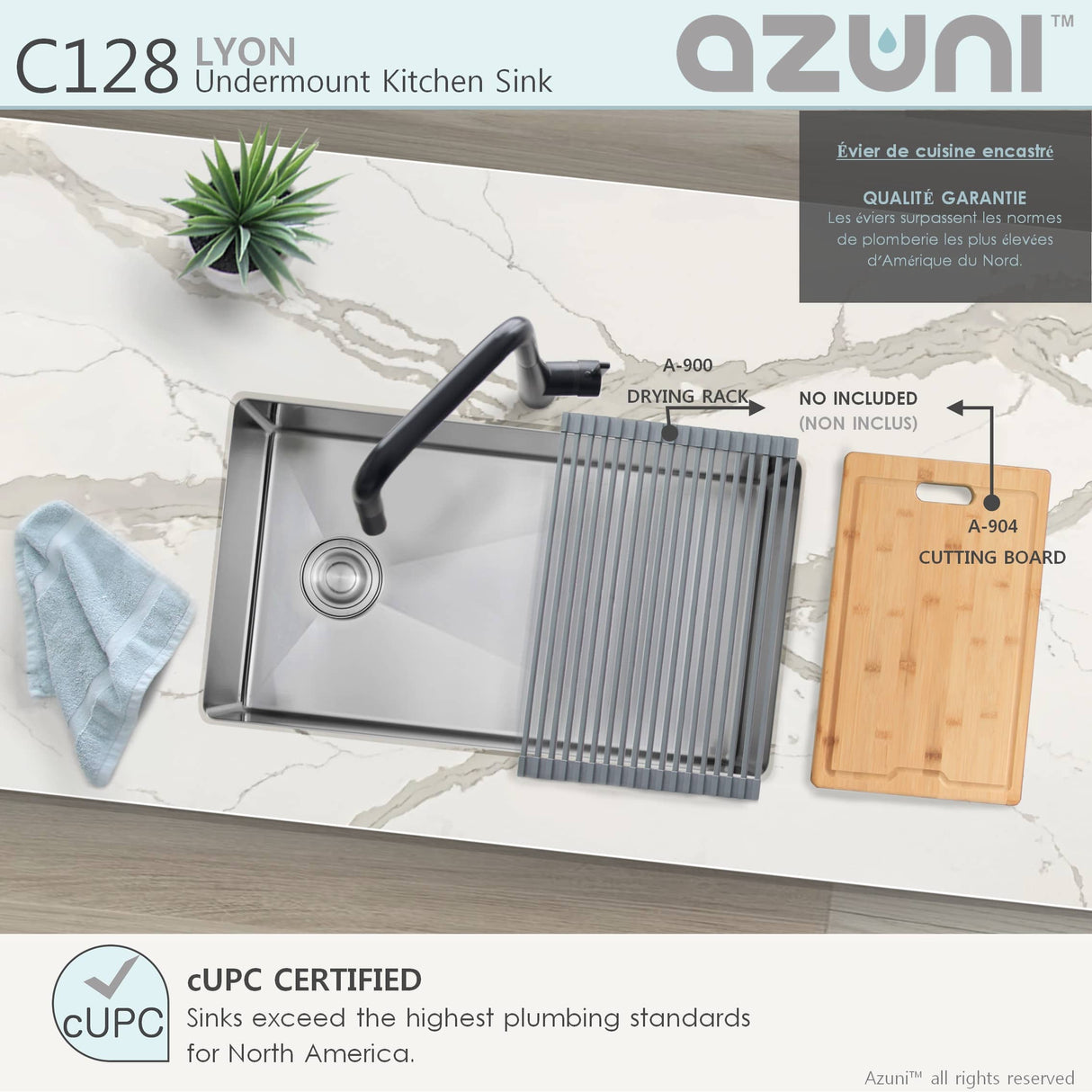 AZUNI 28"L x 18"W Single Bowl Undermount 16G Reversible Kitchen Sink with grid and Basket Strainer