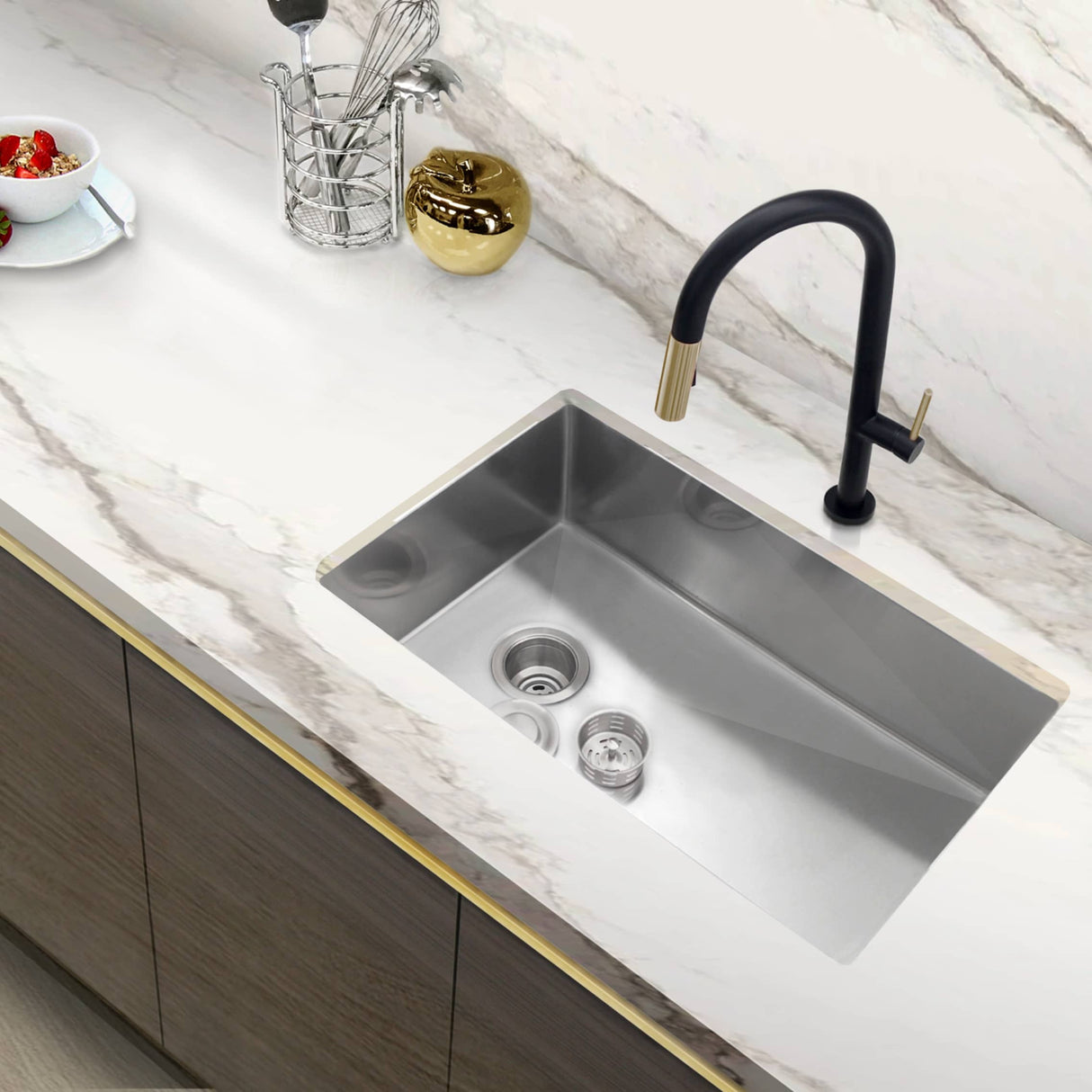 AZUNI 28"L x 18"W Single Bowl Undermount 16G Reversible Kitchen Sink with grid and Basket Strainer