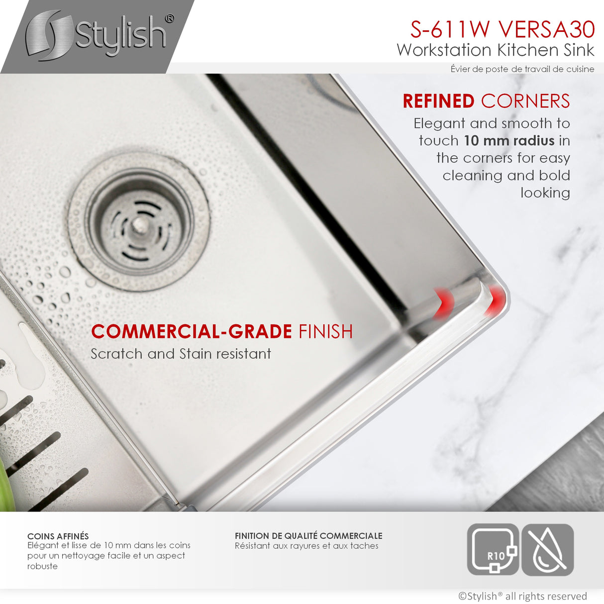 STYLISH 30 inch Workstation Single Bowl Undermount 16 Gauge Stainless Steel Kitchen Sink with Built in Accessories