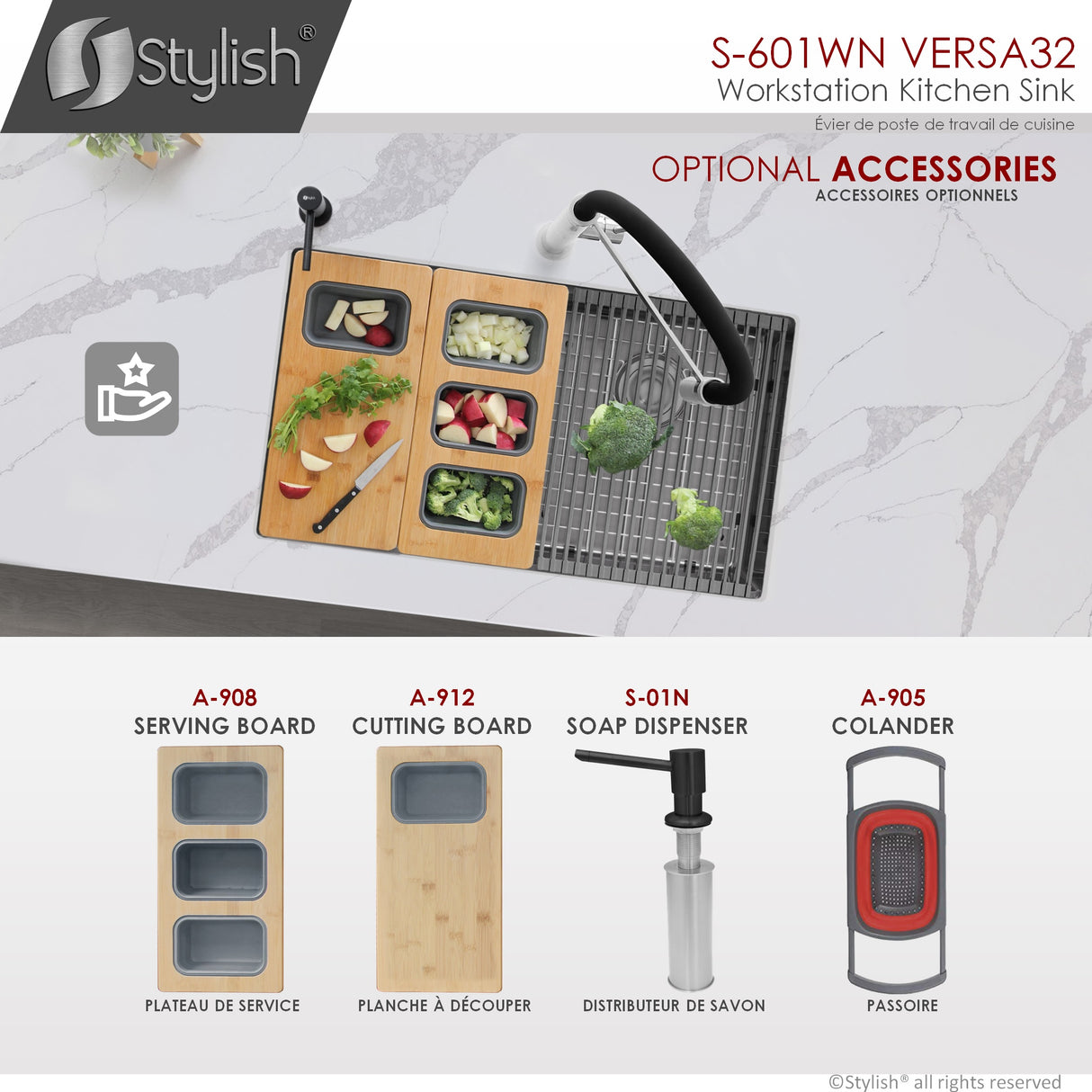 STYLISH 32 inch Workstation Double Bowl Undermount 16 Gauge Stainless Steel Kitchen Sink with Built in Accessories
