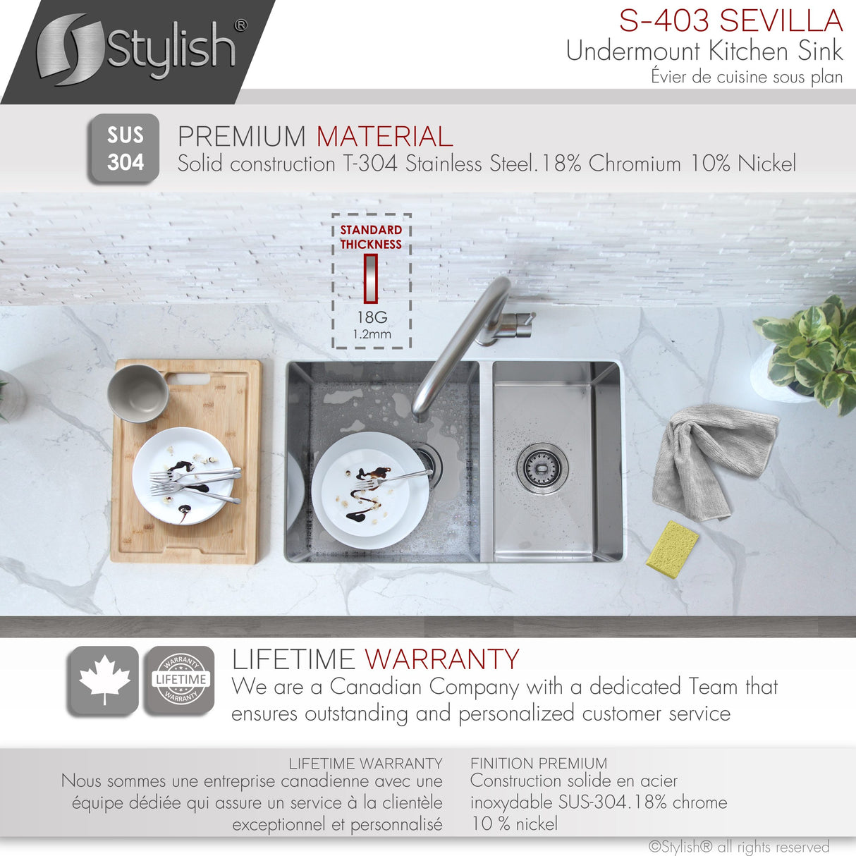 28 in Undermount Double Bowl Kitchen Sink, 18 Gauge Stainless Steel with Standard Strainers, by Stylish Sevilla