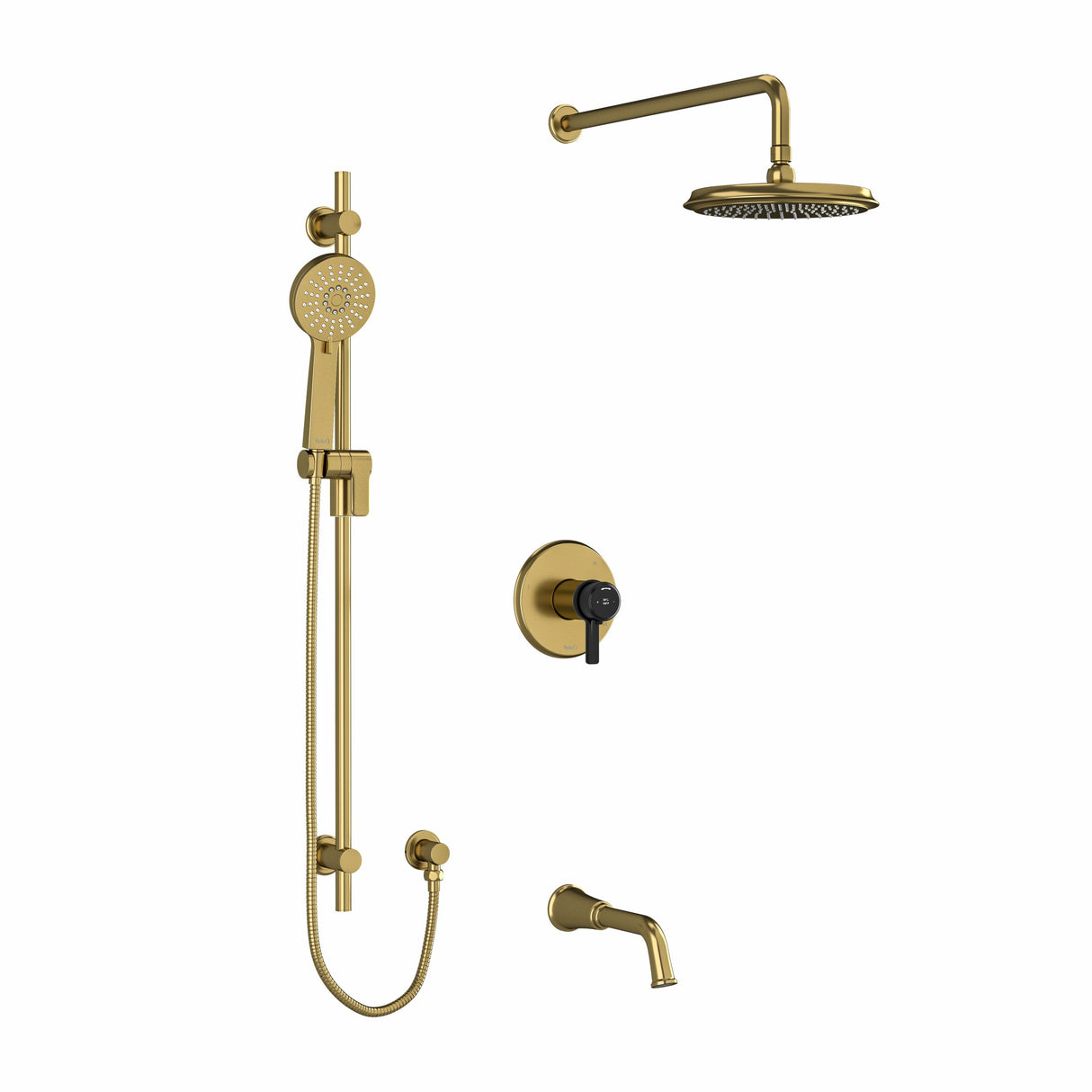 Type T/P (thermostatic/pressure balance) " coaxial 3-way system with hand shower rail, shower head and spout