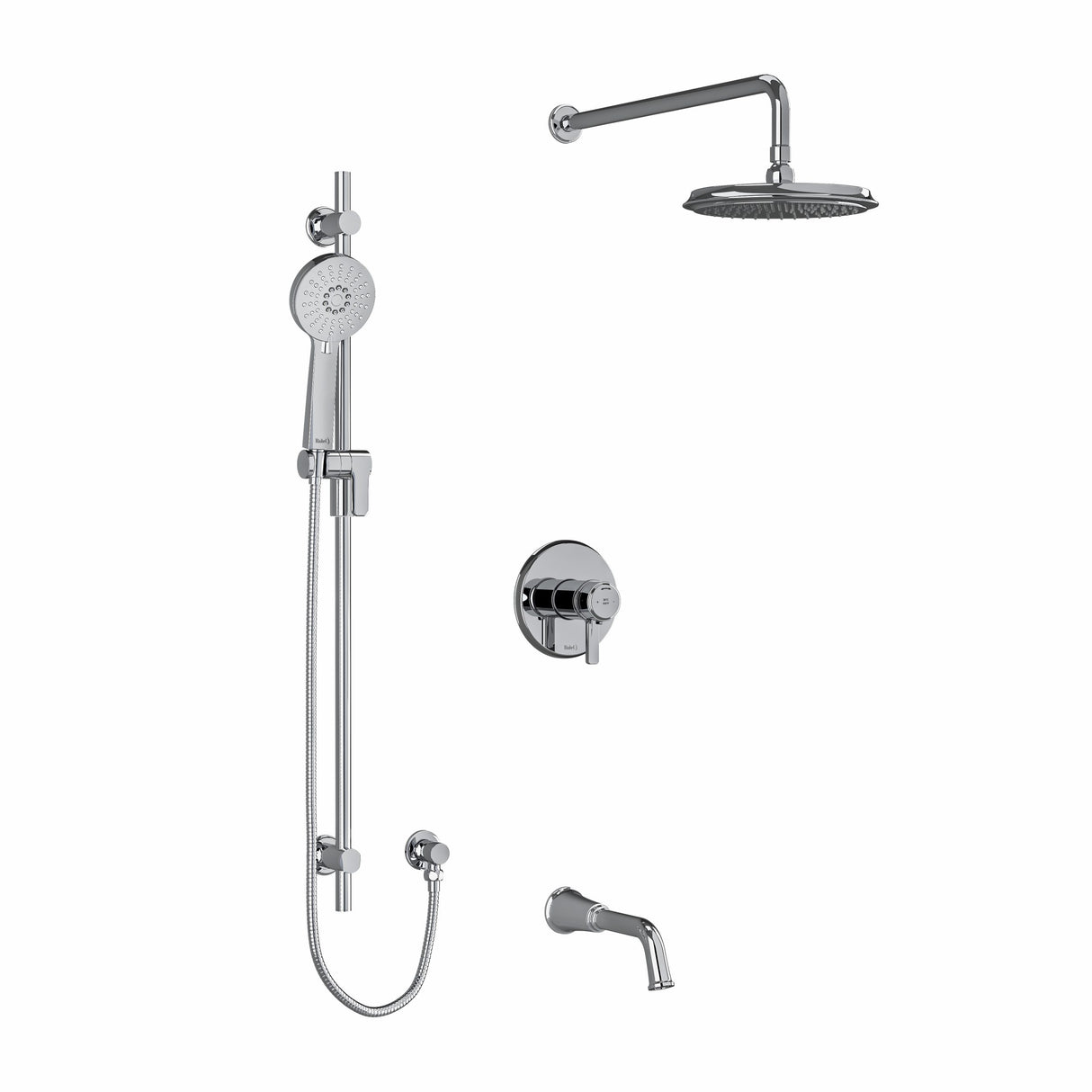 Type T/P (thermostatic/pressure balance) " coaxial 3-way system with hand shower rail, shower head and spout