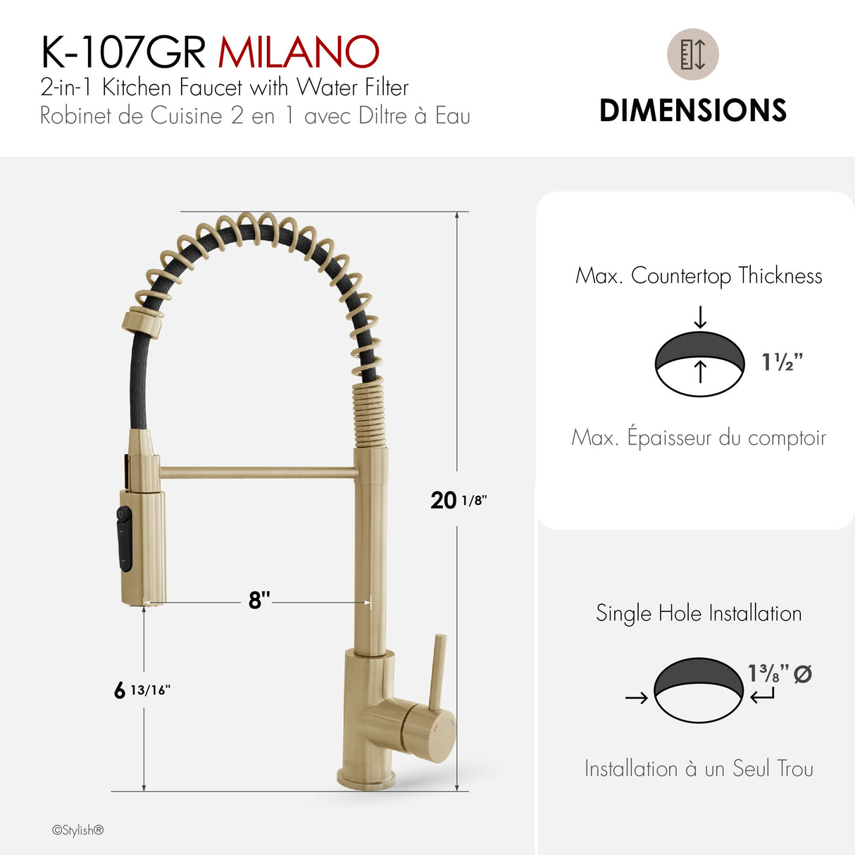 Milano Pull-Down Kitchen Faucet with water filter. Stainless Steel Gold