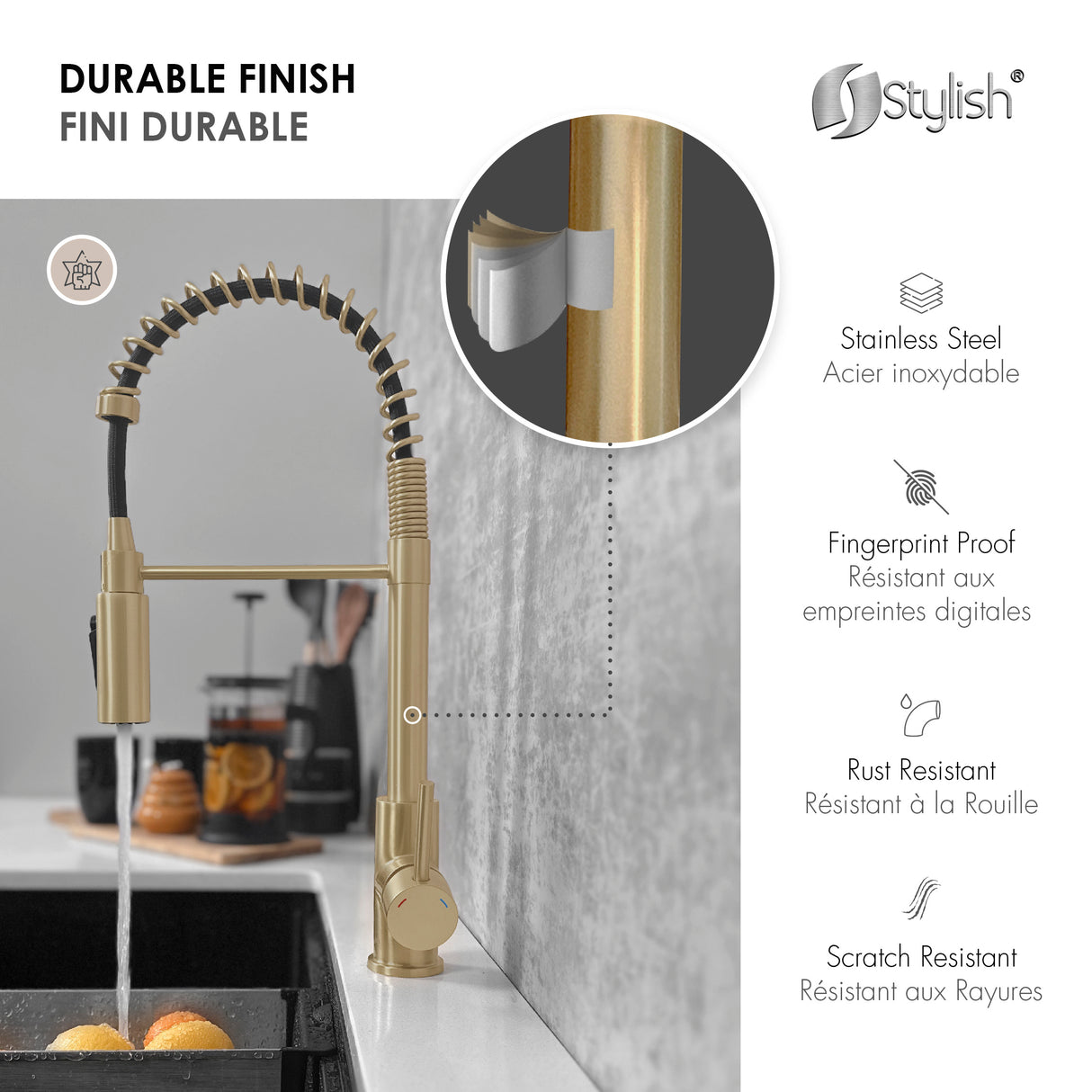 Milano Pull-Down Kitchen Faucet with water filter. Stainless Steel Gold