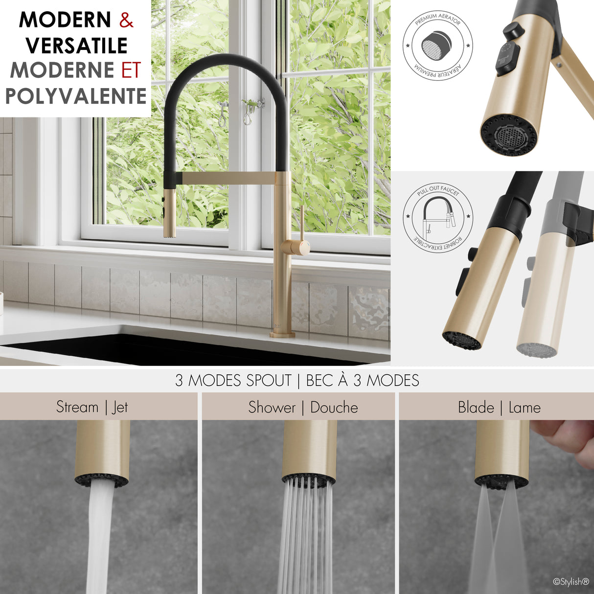 Single Handle with Spout Hose Pull Out Three Modes Kitchen Faucet