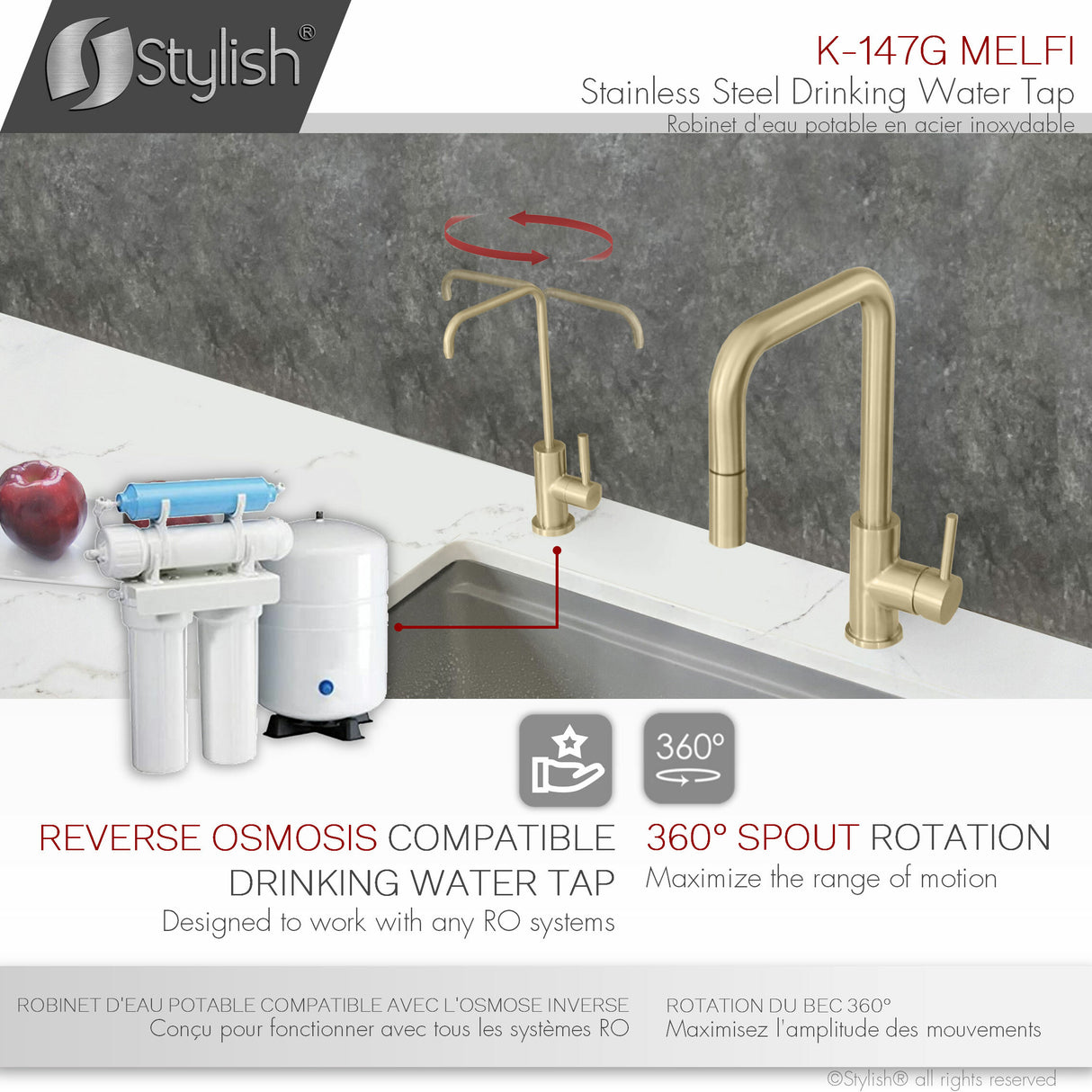 Rivo Single Handle Brushed Gold Pull Down Kitchen Faucet with Water Tap