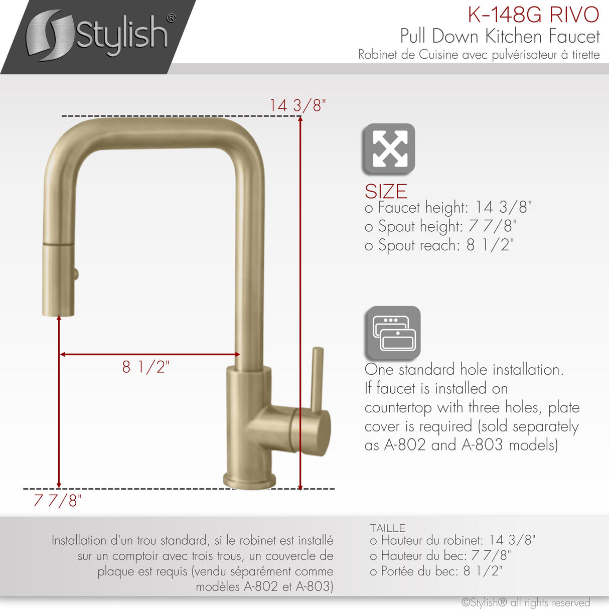 Rivo Single Handle Brushed Gold Pull Down Kitchen Faucet with Water Tap