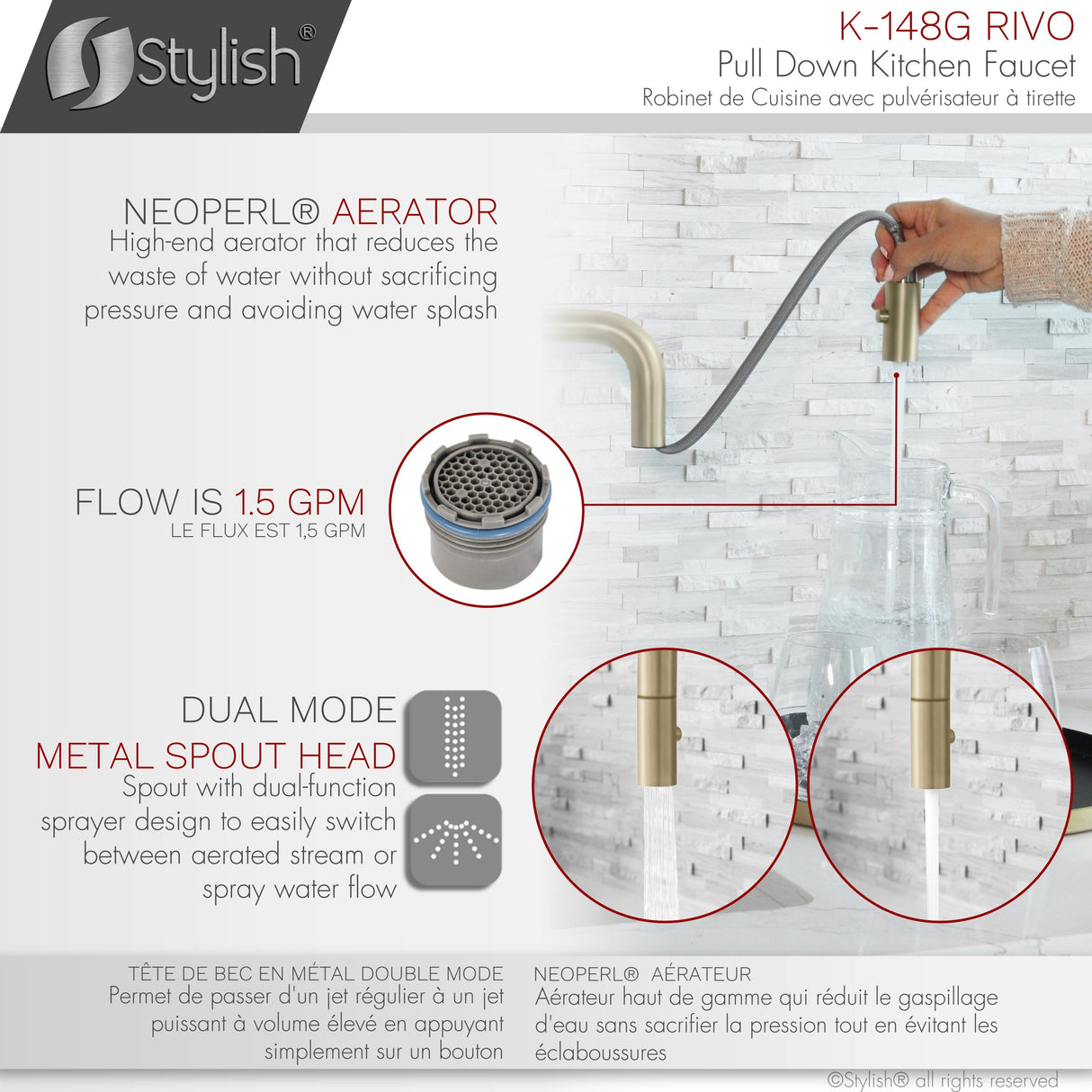 Rivo Single Handle Brushed Gold Pull Down Kitchen Faucet with Water Tap