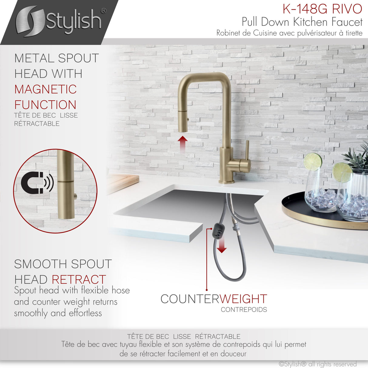 Rivo Single Handle Brushed Gold Pull Down Kitchen Faucet with Water Tap