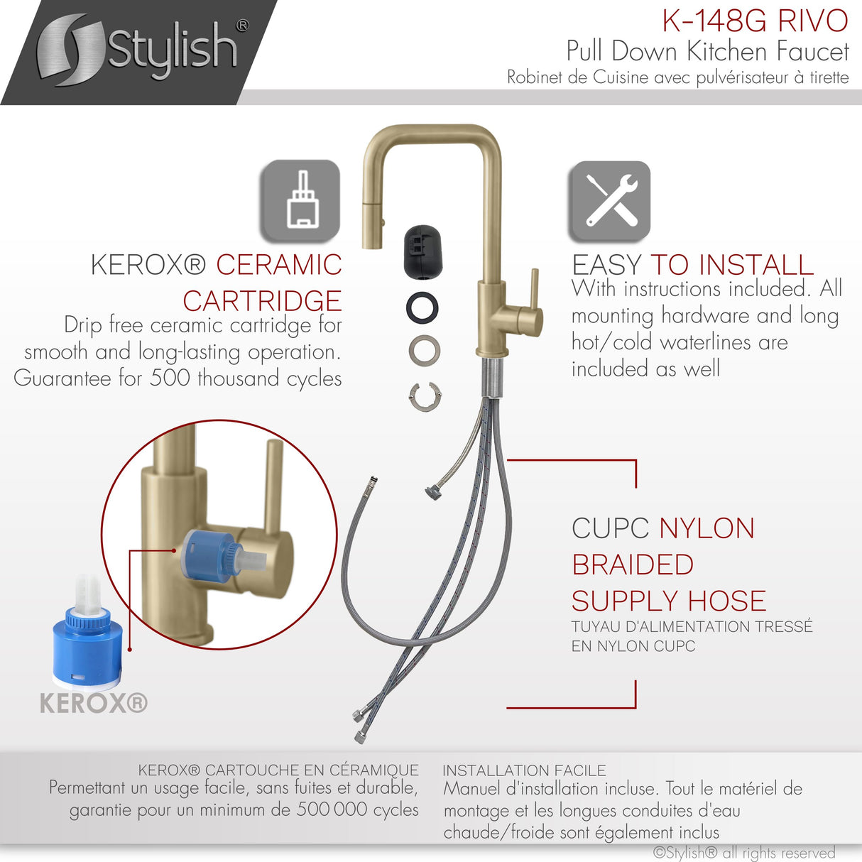 Rivo Single Handle Brushed Gold Pull Down Kitchen Faucet with Water Tap