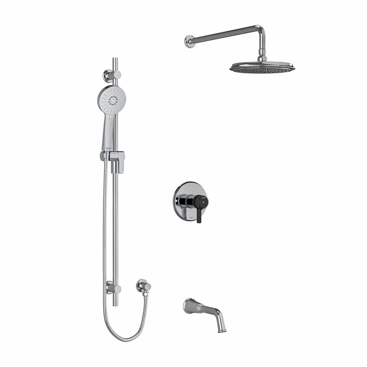 Type T/P (thermostatic/pressure balance) " coaxial 3-way system with hand shower rail, shower head and spout