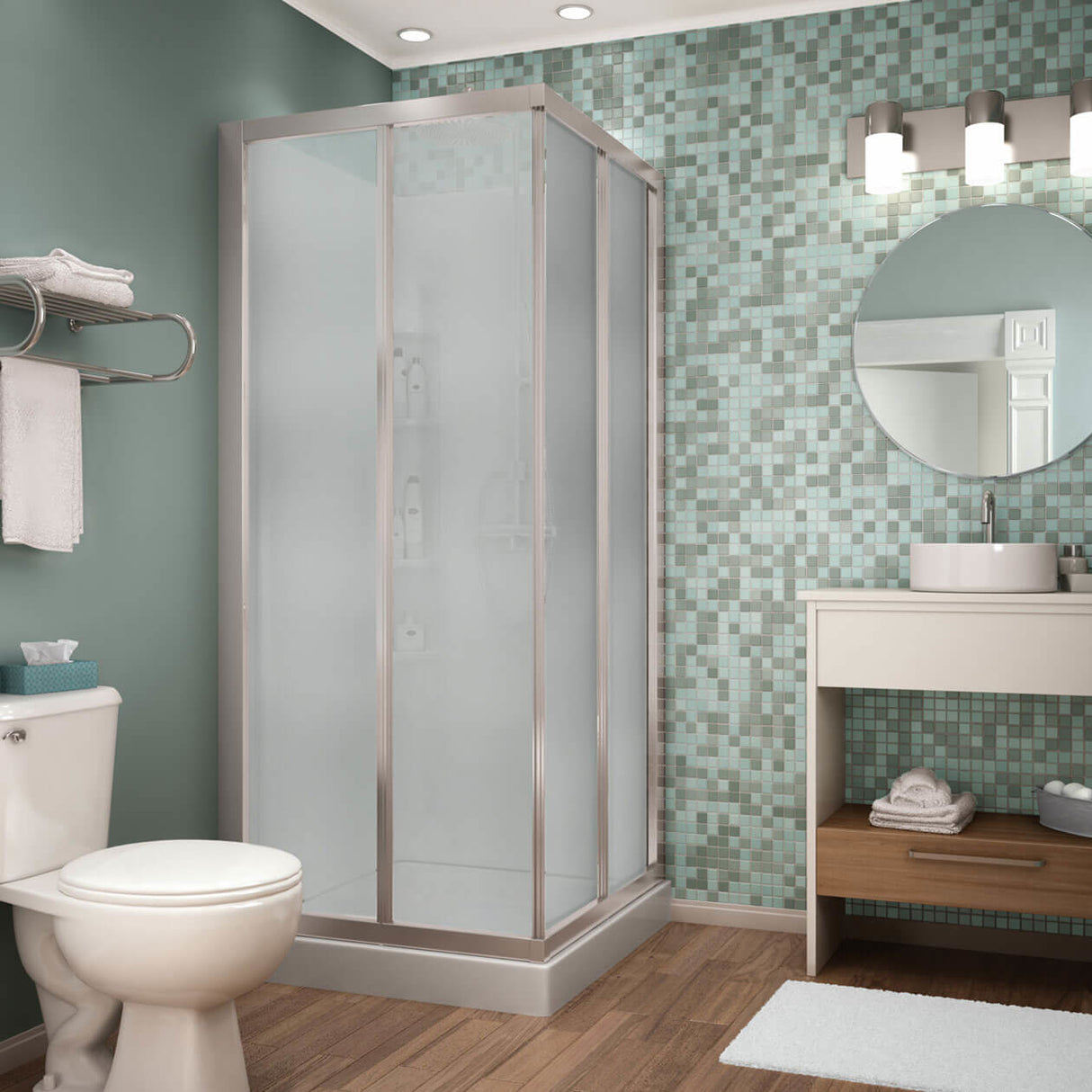 32 Mediterranean III 32 x 32 Polystyrene Center Drain Shower Kit in White with Mistelite glass in Chrome