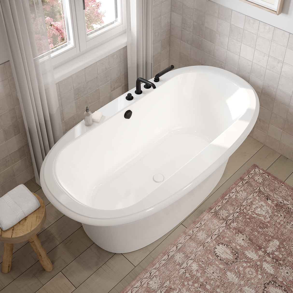 Ella Sleek 66 x 36 Acrylic Freestanding Center Drain Bathtub in White with White Skirt