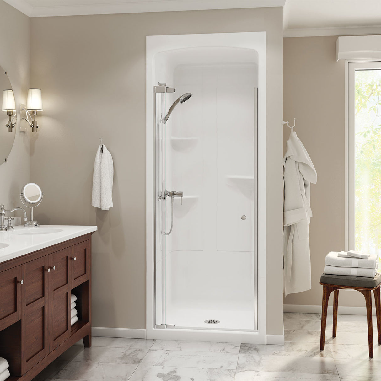 Camelia SHR-3636 Acrylic Alcove Center Drain One-Piece Shower in White